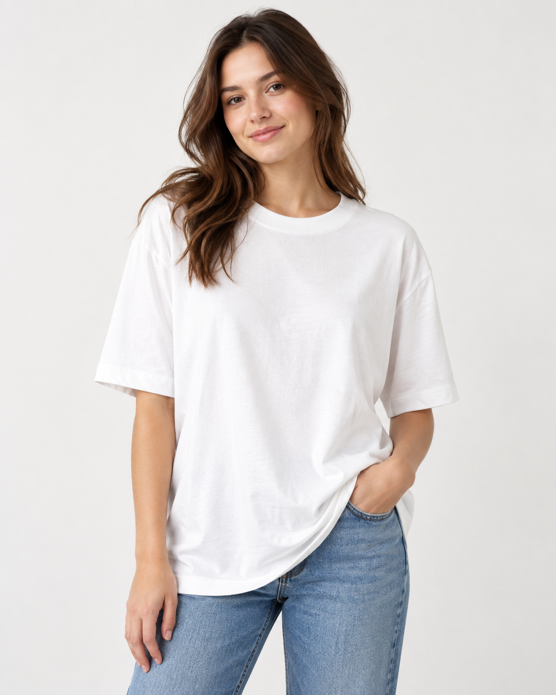 Beyaz Basic Oversize Bisiklet Yaka Tişört ikinci görsel